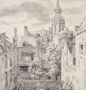 Vista do pátio da casa dos arqueiros do St. Sebastian Guild no Singel em Amsterdã (lápis e lavagem no papel) de Jacob van Ruisdael