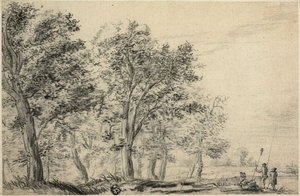 Paisagem de rio arborizado com três pessoas pescando de Jacob van Ruisdael