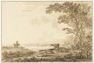 Paisagem do rio com gado em repouso de Jacob van Strij