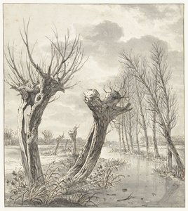 Paisagem de Inverno com salgueiros ao longo de uma vala congelada