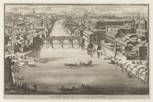 Vista de Roma com a Ponte Sisto sobre o rio Tibre Prospecto Pontis Sixti IV locorumq adjadentium (título no objeto) Vistas de Roma (título da série) La Galerie agreable du mond (...) divisée en LXVI tomes...Cette partie comprend le Rome moderne de Jacobus Baptist