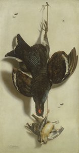 Trompe loeil de um galo silvestre preto e tentilhões de Jacobus Biltius