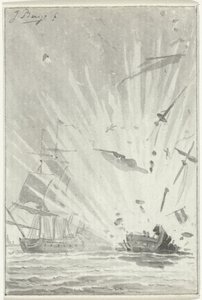 Explosão do navio corsário holandês The Brave Patriot em batalha com o navio inglês Chameleon, 14 de Agosto de 1781