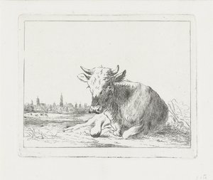 Vaca reclinada, ao fundo uma cidade de Jacobus Cornelis Gaal