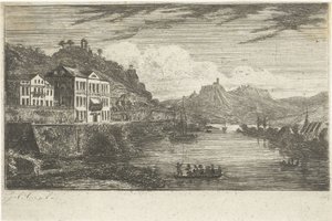 Paisagem fluvial com hotel no cais de Jacobus Cornelis Gaal