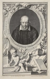Retrato de George Buchanan, após Frans Pourbus, ilustração "das cabeças de pessoas ilustres de Grâ Bretanha", bar. de Knapton, Londres, 1742 de Jacobus Houbraken