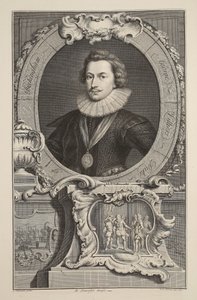 Retrato de George Villiers, duque de Buckingham, ilustração "das cabeças de pessoas ilustres de Grâ Bretanha", bar. de Knapton, Londres, 1742 de Jacobus Houbraken