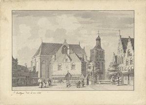 A igreja, casa de pesagem e mercado de peixe em Workum de Jacobus Versteegen