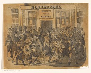 Multidão na frente de uma livraria para pegar De Komiek de Jacobus Wilhelmus Adrianus Hilverdink (possibly)