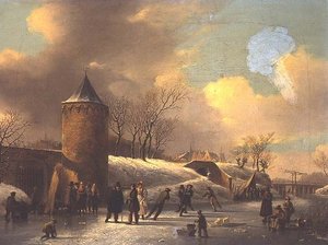 Patinadores em uma via navegável congelada por uma torre de Jacobus van der Stok
