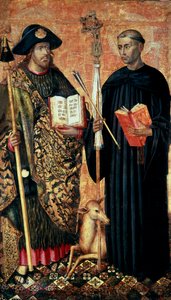 São Tiago de Compostela representado em pelerin com o bastão, chapéu e concha. e São Gilles o eremita (século VII), c.1450 (tempera e óleo sobre painel) de Jacomart (c.1413-61) Baco