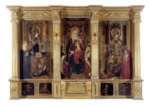 O retábulo de Santo Ildefonso (falecido em 667, bispo de Tolede) e Santo Agostinho de Hipona (c. 354-430, filósofo e escritor berbere). Pintura de Jaume Baco dit Jacomart (1410-1461). Óleo sobre madeira, cerca de 1450, arte renascentista. Cathedrale Sainte de Jacomart (c.1413-61) Baco