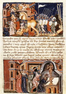 O cerco e assalto à cidade de Tróia, miniatura de "Historia Destructionis Troiae" de Guido delle Colone (c. 1210-c. 1287) de Jacome Cromberger
