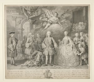 Fernão VI e sua rainha Maria Barbara de Bragança com Scarlatti e o célebre castrato italiano Farinelli de Jacopo (after) Amigoni