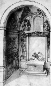 Um projeto para uma capela decorada com afrescos e um altar com uma lamentação, a Anunciação acima (giz preto, caneta e tinta com tinta sobre papel) de Jacopo (attr. to) Zucchi