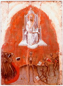Painel esquerdo do Políptico do Apocalipse: Cristo com o Livro da Vida. Detrempe sobre madeira de Jacobello Alberegno (1367-1397 aprox.) 1360-1390. Gallerie dell
