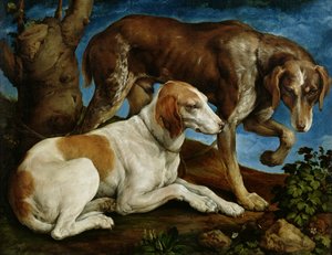Dois cães de caça amarrados a um toco de árvore, c.1548-50