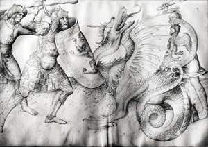 Batalha entre guerreiros e um dragão, c.1450 (tinta aveludada) de Jacopo Bellini