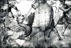 Guerreiros lutando contra um dragão, c.1450 (tinta sobre velino) de Jacopo Bellini