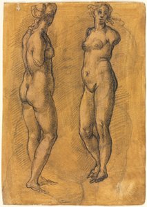 Cópia de uma estátua antiga de uma mulher em pé duas vistas, sobre um esboço de um Putto, década de 1570. de Jacopo Chimenti