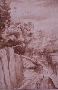PD.52-1997 Vista do Mosteiro de La Verna, a estrada que conduz ao Mosteiro, c.1607-12 (lavagem, caneta e tinta sobre papel) de Jacopo Ligozzi