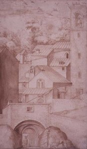 PD.53-1997 Vista do Mosteiro de La Verna, Portão de Entrada e Torre do Sino, c.1607-12 (lavagem, caneta e tinta sobre papel) de Jacopo Ligozzi