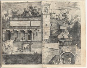 Vista do Quadrante: a Porta Principal, a Praça, a Igreja e a Loggia do Mosteiro do Monte della Vernia. Este ano é MD de Jacopo Ligozzi