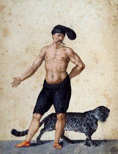 Jovem africano de pé na frente, meio vestido de berretta longa (boné) na cabeça, com tigre atrás, desenho de Jacopo Ligozzi (1547-1627) de Jacopo Ligozzi