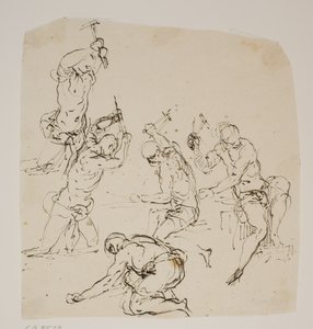 Cinco estudos de pedreiros ou ferreiros trabalhando em uma forja de Jacopo Palma