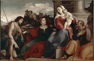 Conversa sagrada. Representação da Sagrada Família com Santa Catarina de Sena e São João Batista. Quadro de Jacopo Negretti dit Palma il vecchio