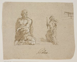 Homem ajoelhado, menina com uma vela subindo escadas (a Virgem entrando no templo), esboço de perspectiva para as escadas