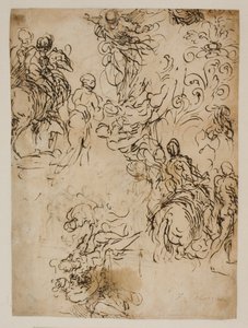 Esboços de Cristo pairando no ar, cavaleiros, um casal sentado e um ornamento de flores de Jacopo Palma