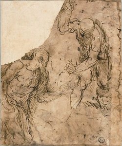 Dois esboços de nus masculinos, um ajoelhado, um em pé (reto); Três Esboços: Nu Masculino Sentado, Nu Masculino Reclinado, Cabeça Masculina de Perfil (versus)