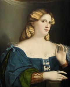 Jovem mulher em um vestido azul, com ventilador, 1512-1514