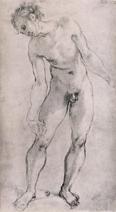 Estudo de uma figura masculina para o retábulo &39;Deposição&39; na Capella Capponi, Santa Felicita, Florença, 1525-27 (carvão) de Jacopo Pontormo