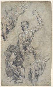 Estudos de "Sansão e os Filisteus" de Miguel Ângelo, c.1575-85 (giz, carvão, guache, papel) de Jacopo Robusti (workshop of) Tintoretto
