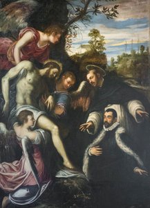 Cristo morto apoiado por três anjos, São Domingos e doador de Jacopo Robusti Tintoretto
