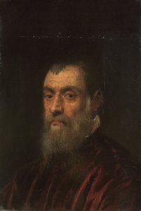 Retrato de um homem barbudo, busto, em um vestido vermelho de Jacopo Robusti Tintoretto