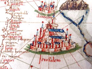 Detalhe mostrando Jerusalém e Damasco de um mapa renascentista da Europa, Jacopo Russo (depois), 1528