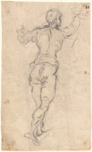 Um jovem caminhando com os braços levantados, visto de trás de Jacopo Tintoretto