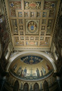 Vista interior da abside da Basílica de São João (San Giovanni in Laterano). Mosaico de Jacopo Torriti (ativo por volta do século 1291-14) e Jacopo da Camerino (ativo por volta de 1288-1331) representando Jerusalém Celeste. Roma de Jacopo Torriti