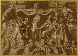 A Madonna della Misericordia com os Santos Francisco e Domingos, com outros santos e governantes e uma família de doadores (caneta e tinta marrom com lavagem e cor do corpo branca sobre papel) de Jacopo Zucchi