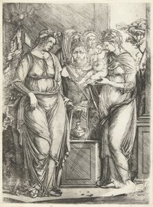 Quatro mulheres sacrificam rapaz na estátua de Priapus