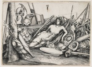 Vitória reclinada em meio a troféus de Jacopo de Barbari