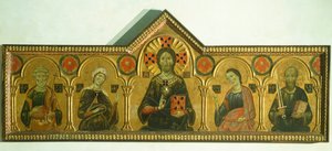 O Redentor com a Virgem e três Santos, de Meliore Toscano ou Meliore di Jacopo (ca 1255-1285), tempera e ouro sobre painel, 85x210 cm, Detalhe