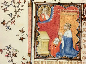 Sra. Lat 18014 Jean da França (1340-1416) Duque de Berry Rezando Antes do Pai Eterno, das Pequenas Horas do Duque de Berry, c.1385-90