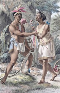 Um casal de índios Naudowessie em sua aldeia. de Jacques (after) Kuyper