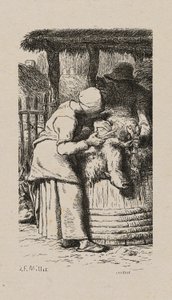 Mulher tosquiando ovelhas de Jacques Adrien Lavieille