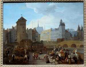 Revolução Francesa: "Vista da ponte e da bomba Notre-Dame em Paris" A bomba alimentou várias fontes parisienses, cenas da vida quotidiana, de comerciantes, atendentes de ambulância carregando um ferido, soldados fugindo. Pintura de Jacques Albert Senave (1 de Jacques Albert Senave