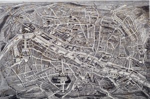 Mapa de Paris em relevo e uma mosca de pássaro com seus arredores e fortificações. Garvure de Jacques Alphonse Testard (1810-?) Paris do século XIX, Musee Carnavalet de Jacques Alphonse (after) Testard